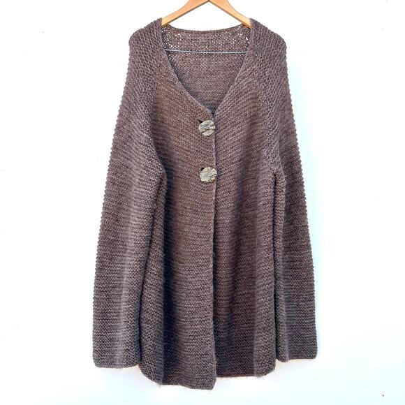 Boutique Hand Knit Oversized Soft Brown Cardigan Sweater Sterling Silver XL - Picture 1 of 10